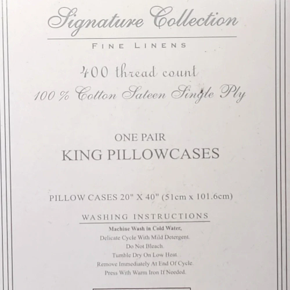 Signature‎ Collection Fine Linens King PillowCases Cotton Sateen 400 tc. 1-Pair